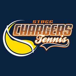 three color tennis t-shirt design.  Organization name (small) mascot name (large) and word tennis with a tail stacked over side of tennis ball.  Line effect through mascot name.