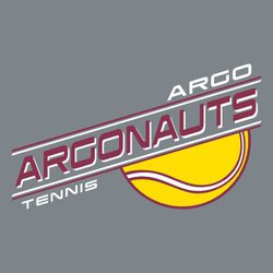 three color tennis t-shirt design.  Square text with upward skew.  Team name framed by lines.  Half tennis ball below line.
