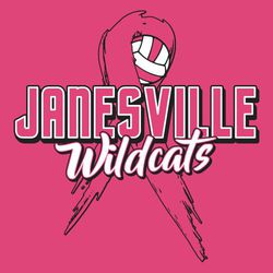 two color volleyball fight against cancer t-shirt design.  Volleyball in top loop of cancer ribbon.  School name in block letters stacked over mascot name in script.