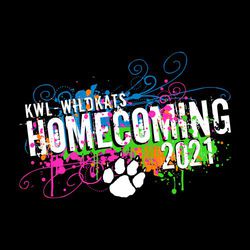 five color homecoming t-shirts design.  Swirls and splatters in neon colors in background.  Large distressed word "homecoming" with school and mascot name above and year below.  Mascot centered below.