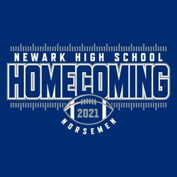two color football homecoming t-shirt design.  horizontal field markings frame school namd and large word "homecoming".  small football at bottom centered with year in ball and circle text mascot name