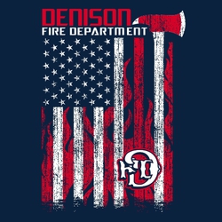 two color fire department t-shirt design with large, vertical US flag.  Flames make up red stripes with axe as a white stripe.  Organization name at top, logo on flag corner. Distressed art.