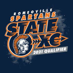 Three color state cross county t-shirt design.  Large State XC with arrow, stacked and on a slant.  Pointed shapes in interior of letters.  Mascot in circle.  Halftone texture in background.