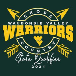 two color state cross country t-shirt design.  Crossed arrows in background.  Circular shapes with cross country in circle text.  Team name over bridge arched mascot name centered with mascot.