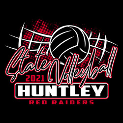 two color state volleyball t-shirt art.  Stylized outline of net and ball with halftone background.  State Volleyball in sript below art.  School name in rectangular frame with macot name below it.