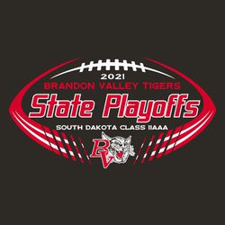 two color state football t-shirt design.  Stylized football with date, school name, State Playoffs and class info stacked inside ball.  macot placed in lined out portion on bottom of ball.