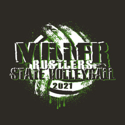 two color state volleyball t-shirt art.  Heavily distressed and stacked school name, mascot name, state volleyball and year lettering over textured volleyball and background splatters