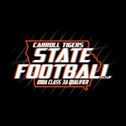 three color state football t-shirt art.  Large italicized lettering "State Football" stacked over outline shape of state.  School and mascot name at top, state and class information at bottom.