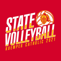 two color state volleyball t-shirt art.  State Volleyball lettering stacked with swoosh through letters.  Volleyball to the side of word State with mascot.  School info and year at bottom.