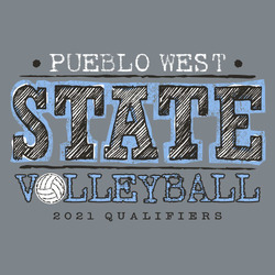 three color state volleyball t-shirt art.   Large word "STATE" with loose hatched look and distressed background.  Distressed team name at top. Distressed word "Volleyball" at bottom. Volleyball "O".