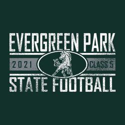 two color state football t-shirt art.  Straigt block letters. Team name at top, State Football at bottom. Three lines in middle with thick center line.  State info & mascot centerd over thick line.