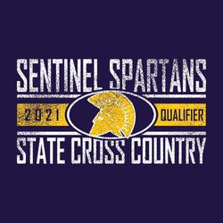 two color state cross country t-shirt art.  Block lettering straight across with Team name at top and State Cross Country at the bottom.  Three lines, a thick center line with mascot and info.