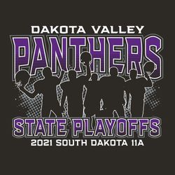 three color state football t-shirt design.  Silhouette of football players with helmets raised against halftone background.  Small school name over large mascot name at the top, State playoffs below.