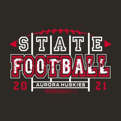two color state football t-shirt design.  Stylized football and field markings frame large words "STATE FOOTBALL".  Word football in block distressed letters.  Team info at bottom.