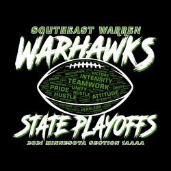 two color state football t-shirt design.  Word art in football.  Mascot name about and State Playoffs below football in sharp brushed font.  Team name at top and class info at bottom in small text.