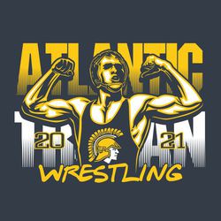 two color wrestling t-shirt design with wrestler flexing. Mascot on singlet on chest.  School and Mascot name in background with line effect.