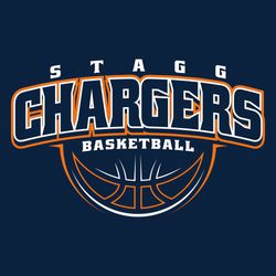 two color basketball t-shirt design.  Small school name stacked over large mascot name.   Arched letters over half basketball.