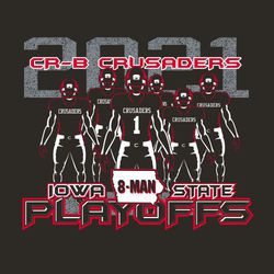 three color state football t-shirt design with 6 football players centered.  distressed year and team information at the top, playoff state and class information at the bottom.