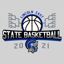 four color state basketball design with brackets on each side of ball. State Basketball large below ball with mascot at the bottom.