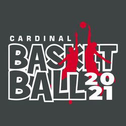 two color basketball t-shirt design with silhoutte of player blocking a shot.   Outlined letters BASKET BALL.