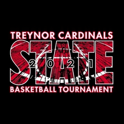 two color state basketball t-shirt design.  Court with view from top of the key and free throw lines inside word "STATE".  School and mascot name about art, basketball tournament below.