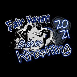 four color wrestling t-shirt design with wrestlers in the up position.  Splatter background.  School name, mascot name and word wrestling on an angle.  mascot watermarked behind year.