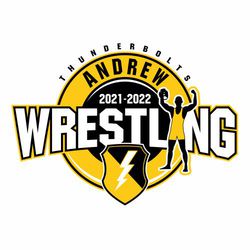 two color wrestling t-shirt design.  Wrestler with arm raised.  Arched word WRESTLING behind wrestler and in front of mat. Team and mascot name in circle text at the top, mascot at the bottom.