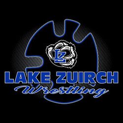 three color wrestling design.  Large shape of headgear against shaded background.  Mascot centered on headgear.  Team name in block letters with Wrestling below it in script.