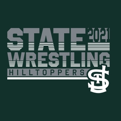 two color state wrestling t-shirt design.  Large block letters stacked, STATE WRESTLING.  Lines and knockout out lines on bottom of letters.  Year reversed in a rectangle.  Mascot on lower right.