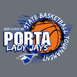 four color state basketball t-shirt design.  Larger rough basketball with circle text "State Basketball Tournament".  Distressed team and mascot name stacked to the left with mascot below.