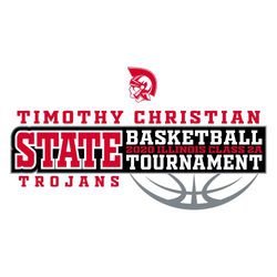 three color state basketball t-shirt design.  Mascot with alternating text sizes in rectangle over basketball seams showing below rectangle.   Mascot at the top.