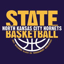 two color state basketball t-shirt design.  Large word STATE at the top, Large word BASKETBALL at the bottom stacked. bottom of word state and top of word basketball cropped by organization name.