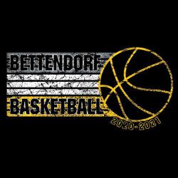 three color basketball t-shirt design.  3 gray stripes over 3 white stripes over three gold stipes.  basketball on the right with circle text year.  School name and word basketball in the stipes.