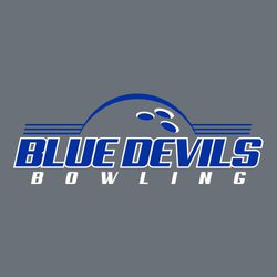 two color bowling t-shirt design with half ball framed with horizontal lines.  Team name and mascot on one line stacked of word bowling below ball and lines.