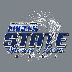 Three color state swimming t-shirt design.  Large word STATE with wave texture in letters.  School and mascot name stacked on the upper left.  Swim and Dive Script with year at bottom.  Water splash.