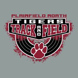 three color track t-shirt design. Half of track looping down from text frame.  Macot name and large arched Track and Field in frame.  School name at top.  Mascot on track.  Color splash in track.