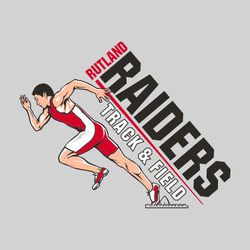 four color track t-shirt design with sprinter coming out of blocks.  Lettering on a 45 degree angle.  School name running up, smaller, on the end of large mascot name running down.  Track and Field.