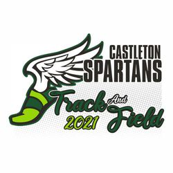 four color track design with winged shoe and halftone shaded background.  Track and Field below wing in script.  Team name and mascot in block letters right of wing.