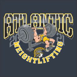 5 color weightlifting t-shirt design with lifter doing bench press.  Team name bridge arched in stencil font above lifter, circle text weightlifting and mascot below.