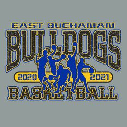 three color basketball t-shirt design.  Five ball handlers silhouettes as centerpiece art with straight team name at top and large bridge arched mascot name.  Basketball below art.  Block/stencil font