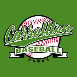 three color baseball t-shirt design.  Script with tail over baseball with red seams.  Banner with word baseball and circle text team name at bottom of ball.