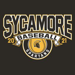 two color baseball design with large, bridge arched team name above banner.   Partial baseball with mascot inside it below banner.  Mascot name in circle below ball.