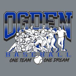 three color baseball t-shirt design.  team celebrating as center piece art.  Large, bridge arched team name above art.  Baseball and One Team - One Dream below art.