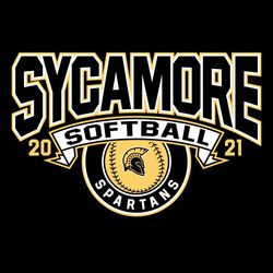 two color softball t-shirt design.  Large team name in bridged text at the top above banner with word softball and year split to each side.  Sofball with mascot in it below banner.