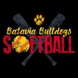 three color distressed softball design.  crossed bats in background. Paw at top, script team and mascot name and word softball below that.  Softball image used for "O" in softball.