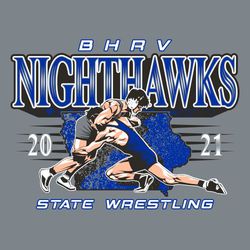 four color state wrestling t-shirt design. Wrestler attempting take down opponent placed over state outline (which can be changed).  Large mascot name at the top with shadow block letters.