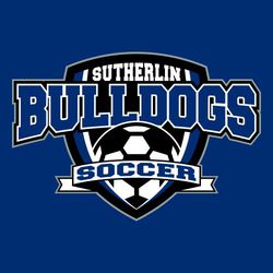 three color soccer t-shirt design with school name(small) and mascot name(large and arched) over shield. Soccer ball and banner with word soccer over ball.