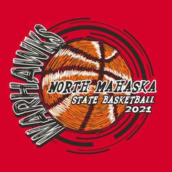 three color state basketball t-shirt design.  Basketball made of swirling squiggle lines.  Circle text large mascot name on the left with circling lines..  School name and state basketball over ball.