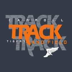 three color track t-shirt design.  Word track large and stacked repeated three times.  Top and bottom word track in background and distressed.  Winged foot at bottom right.