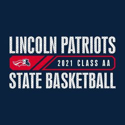 2 color state basketball t-shirt design.  Slashed rectangle centered with mascot on one side and class info opposite of it.  School and mascot name at top & words state basketball at the bottom w/mesh